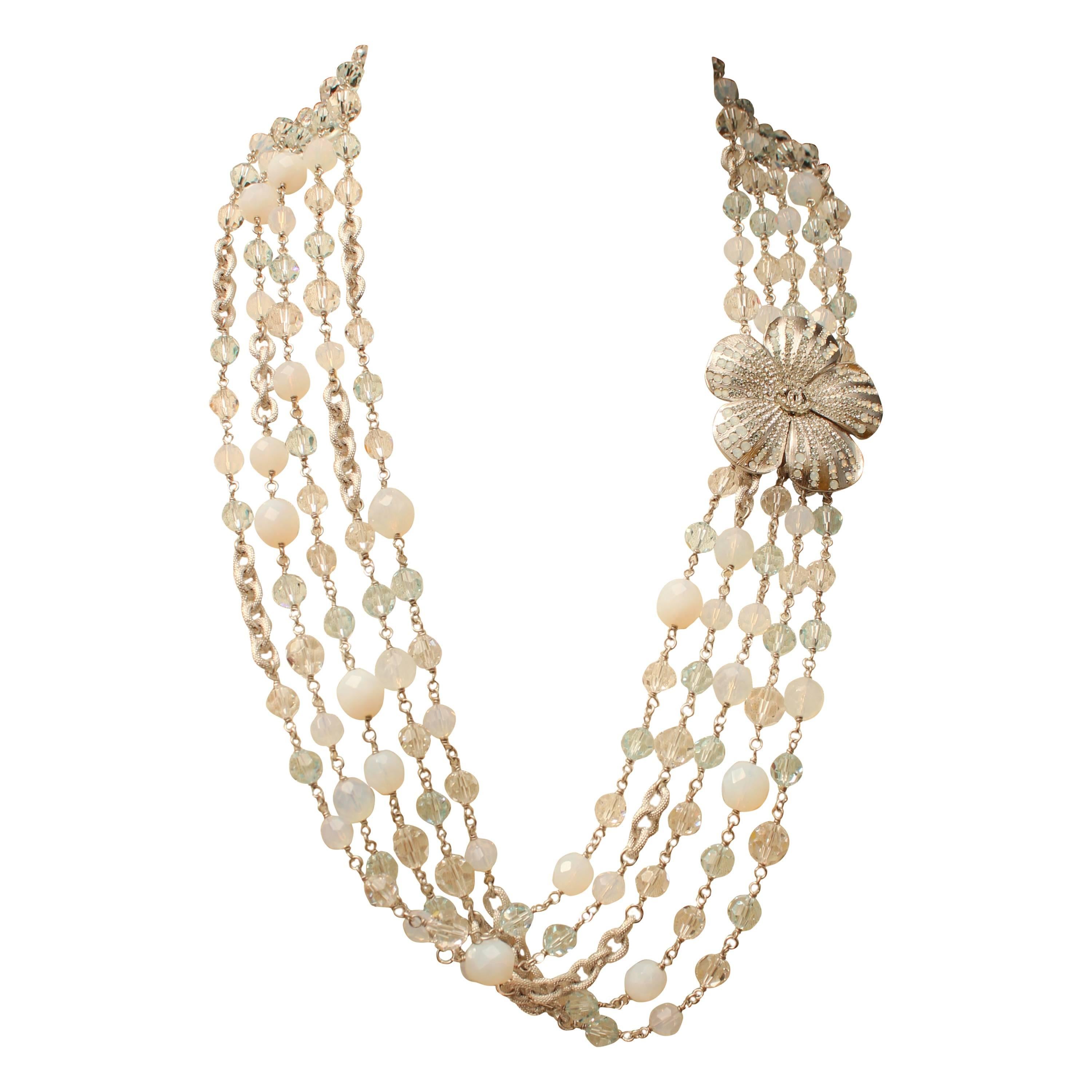 2007 Chanel Multistrands Silver Chain, White Beads and Flower Necklace