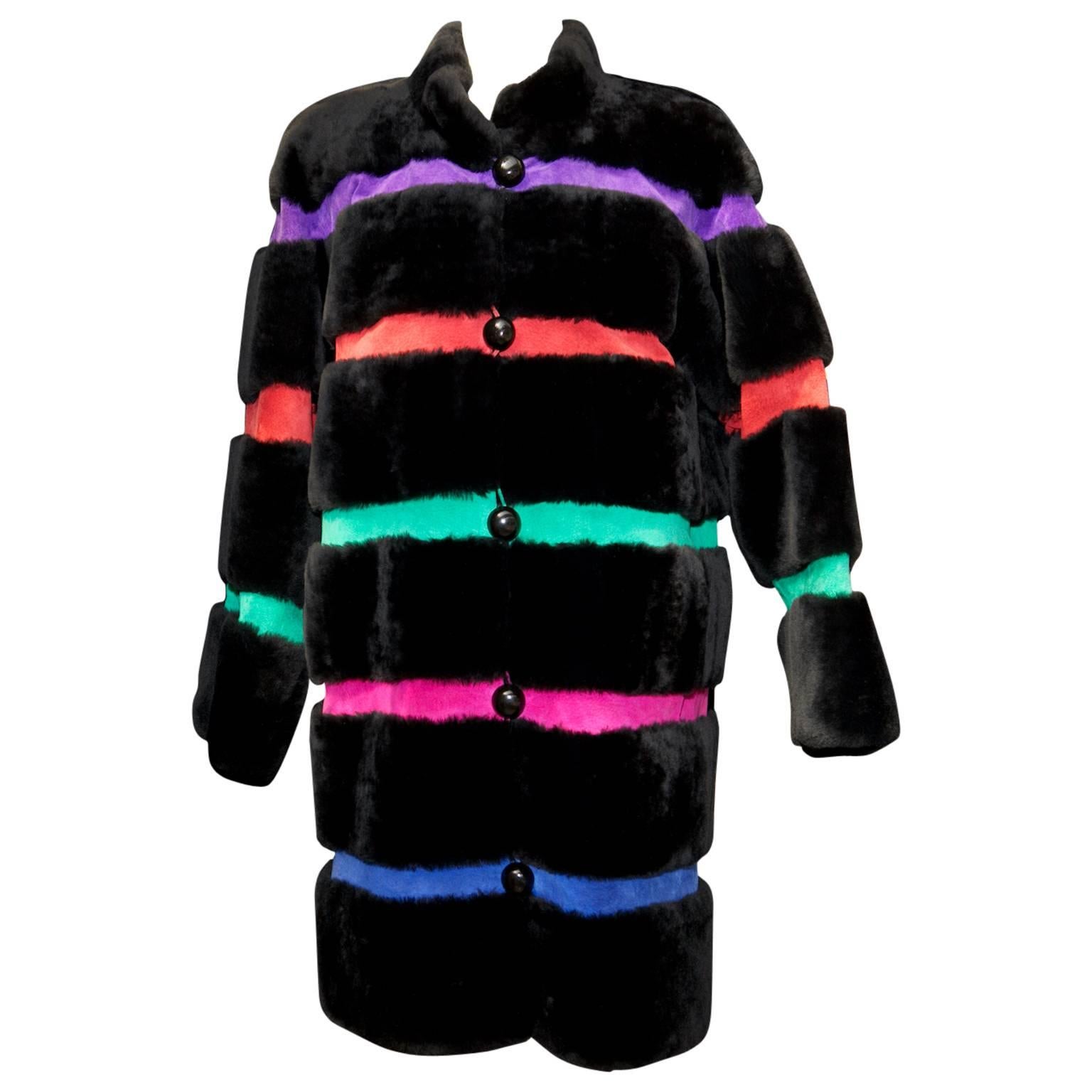 1980s Yves Saint Laurent Coat in Black Fur and Stripes of Multicolored Suede For Sale