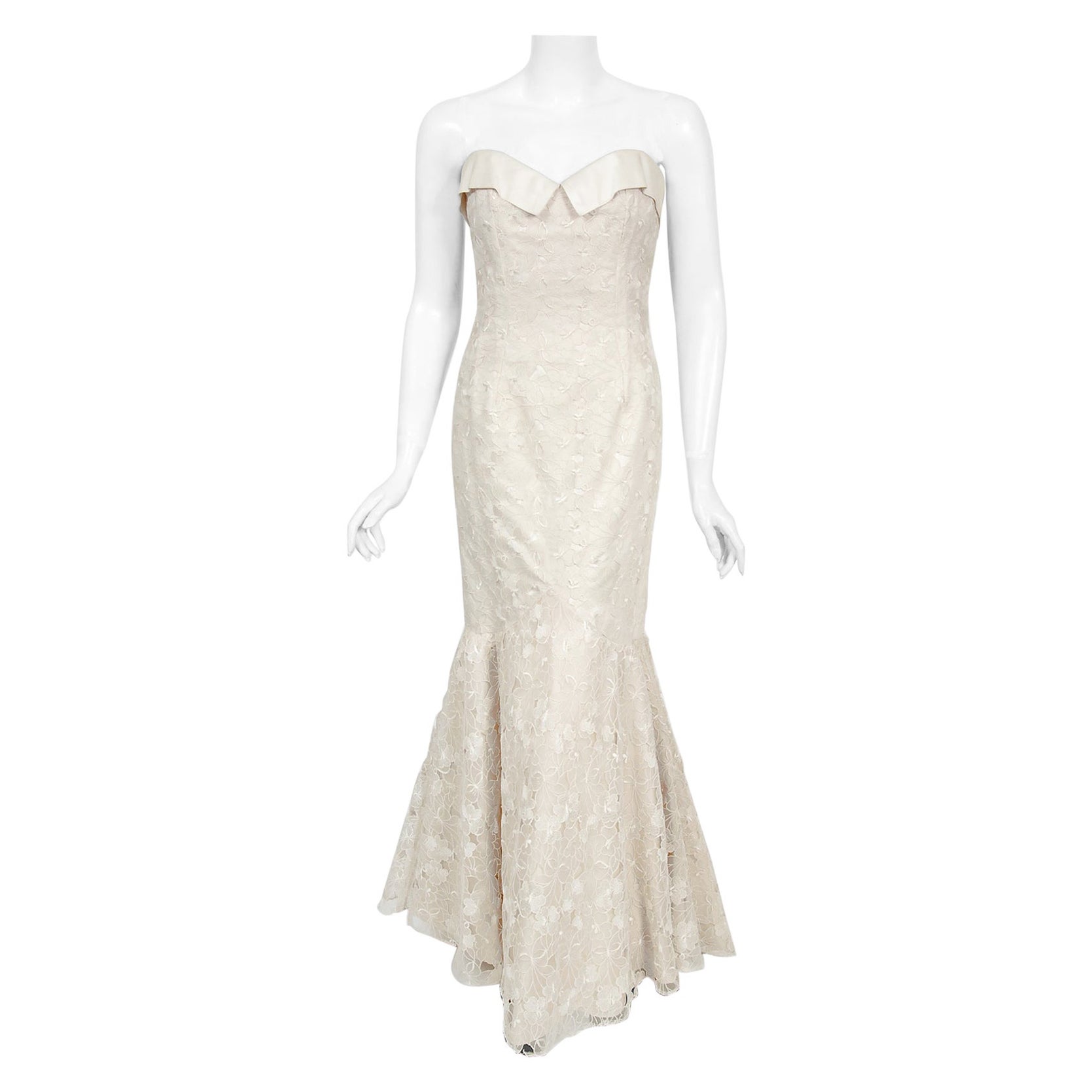 Vintage 1990s Nolan Miller Couture Ivory Embroidered Silk Strapless Mermaid Gown For Sale