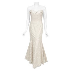 Vintage 1990s Nolan Miller Couture Ivory Embroidered Silk Strapless Mermaid Gown