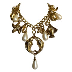 French Vintage Gilt Fish and Pearl Statement Necklace 