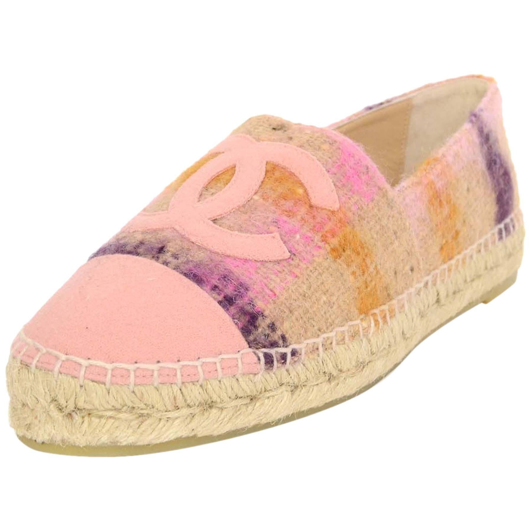 Chanel New 2016 Pink Tweed Plaid CC Espadrilles sz 39