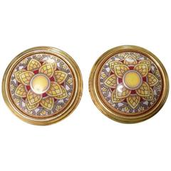 Vintage Hermes round shape cloisonne enamel golden earrings with mosaic flower