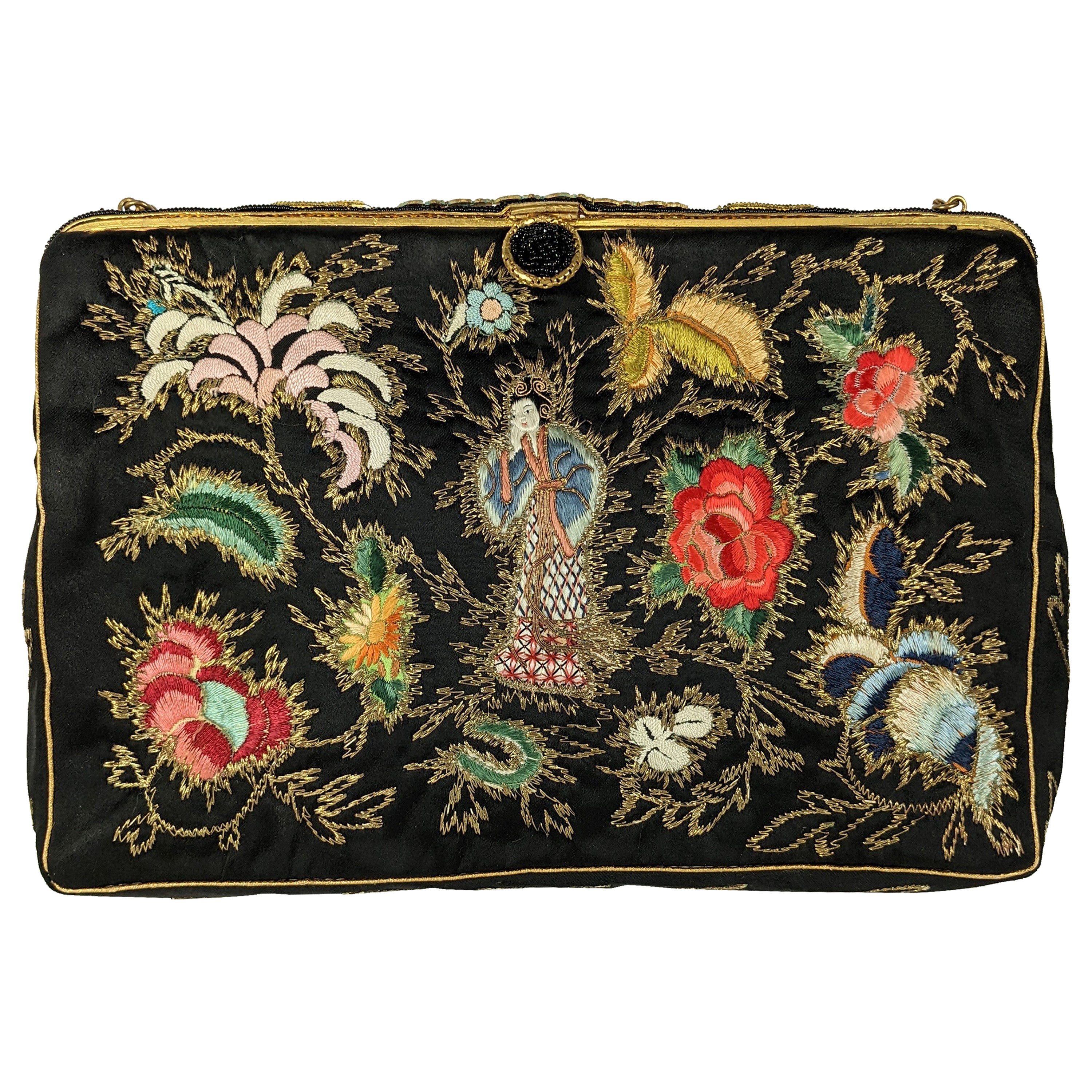 1890s Victorian Black Beaded Pouch with Filigree Frame and Carved ...