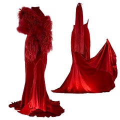 Roberto Cavalli Scarlet Evening Gown Dress with Feather Stole F/W 2006 Size  