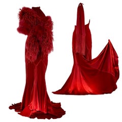 Roberto Cavalli Scarlet Evening Gown Dress with Feather Stole F/W 2006 Size