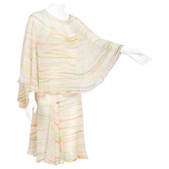 Vintage 1970's Halston Couture Watercolor Silk-Chiffon Caftan Capelet Slip Dress