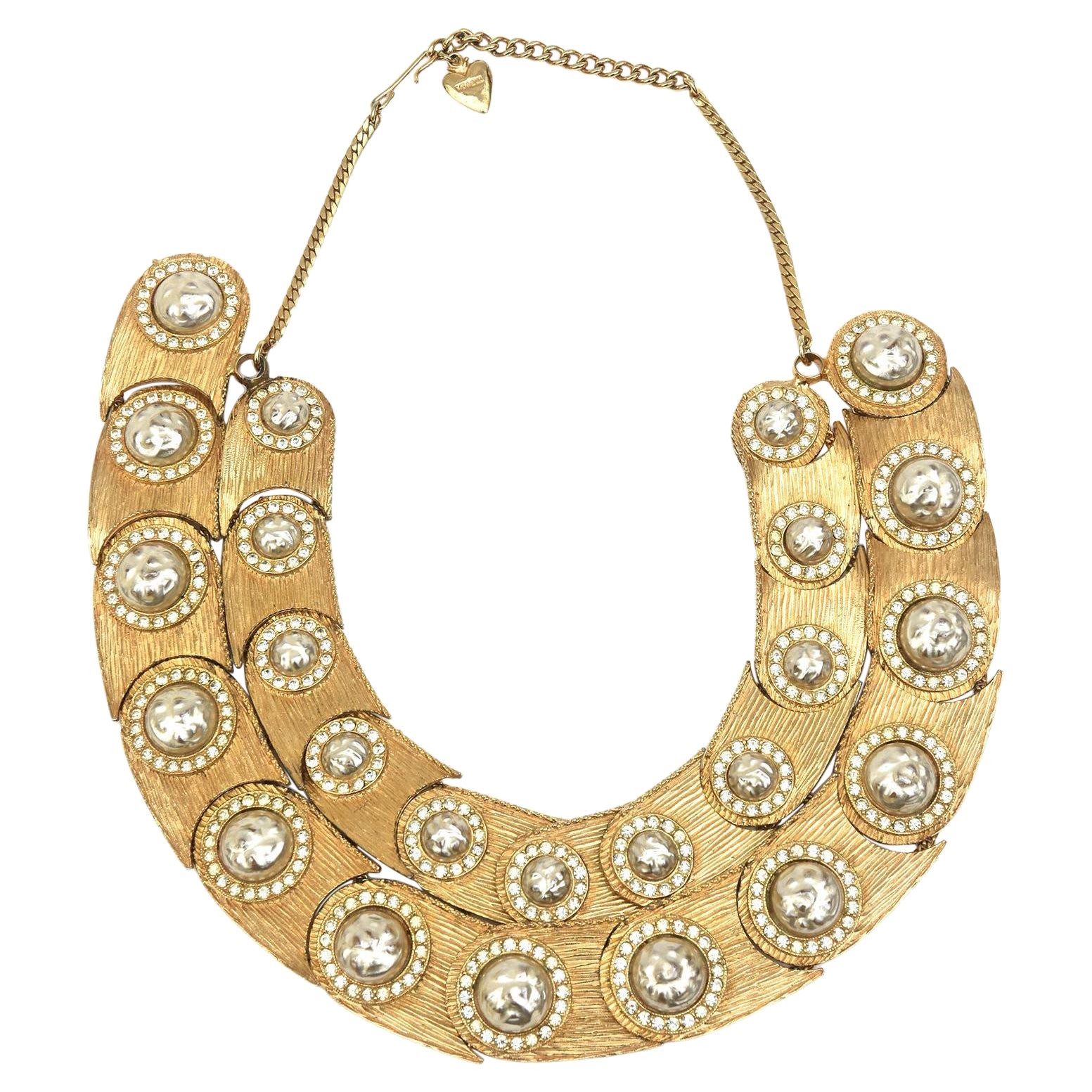 Mosell Vintage Faux Baroque Pearl, Rhinestone, Gilt Metal Bib Necklace For Sale
