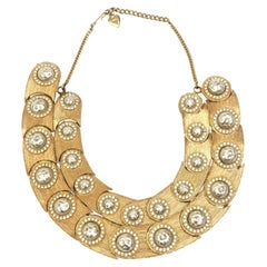 Mosell Retro Faux Baroque Pearl, Rhinestone, Gilt Metal Bib Necklace