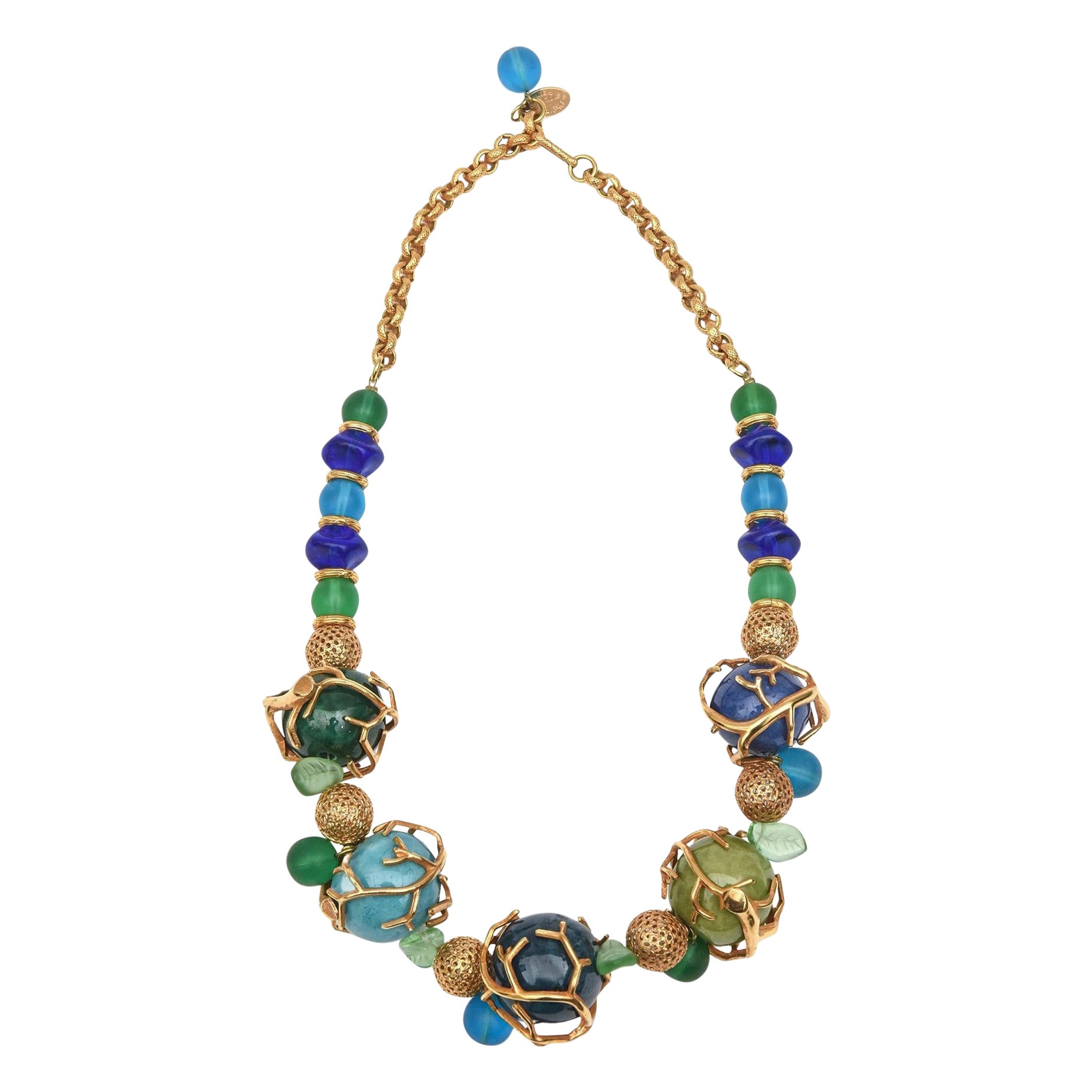  Philippe Ferrandis Signed Glass, Resin and Gold Plated Beaded Necklace French For Sale