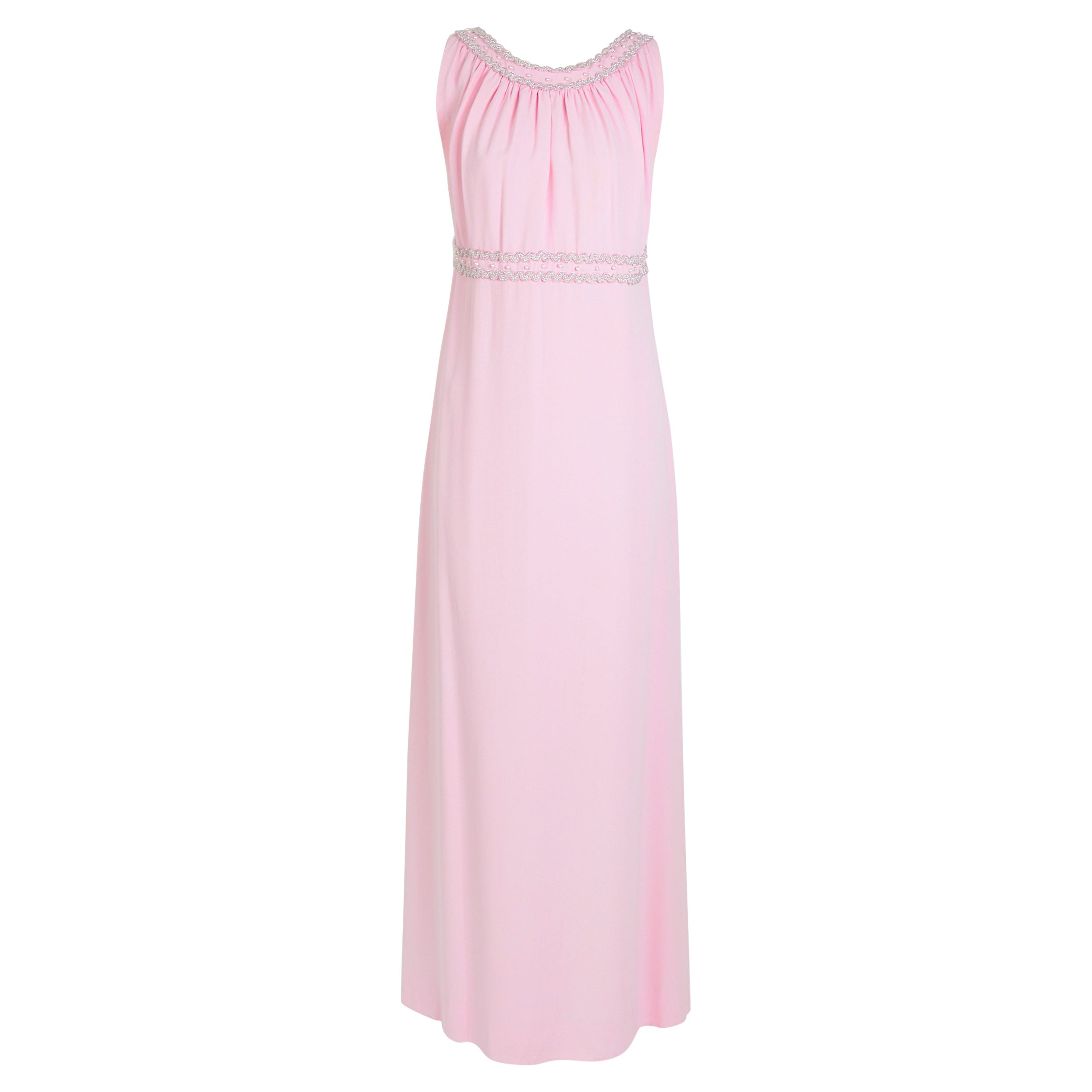 Vintage 1960s Belgian couture made embellished pastel pink silk crepe long dress
