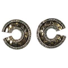 Alfred Phillipe for Trifari Pave and Gilt Basketweave Earclips