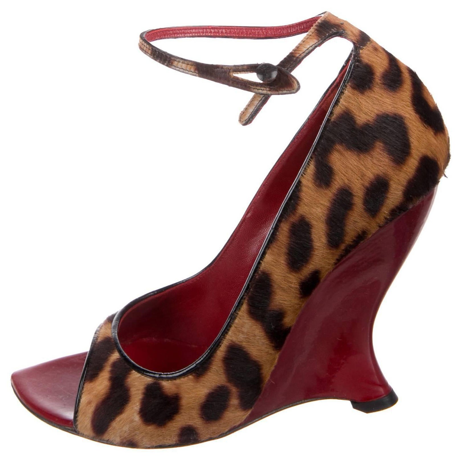 Tom Ford for Yves Saint Laurent Leopard Print Pony Hair Patent Leather Wedges 40 For Sale