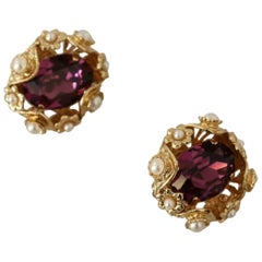 Dolce & Gabbana purple crystal clip-on dangling glass earrings 
