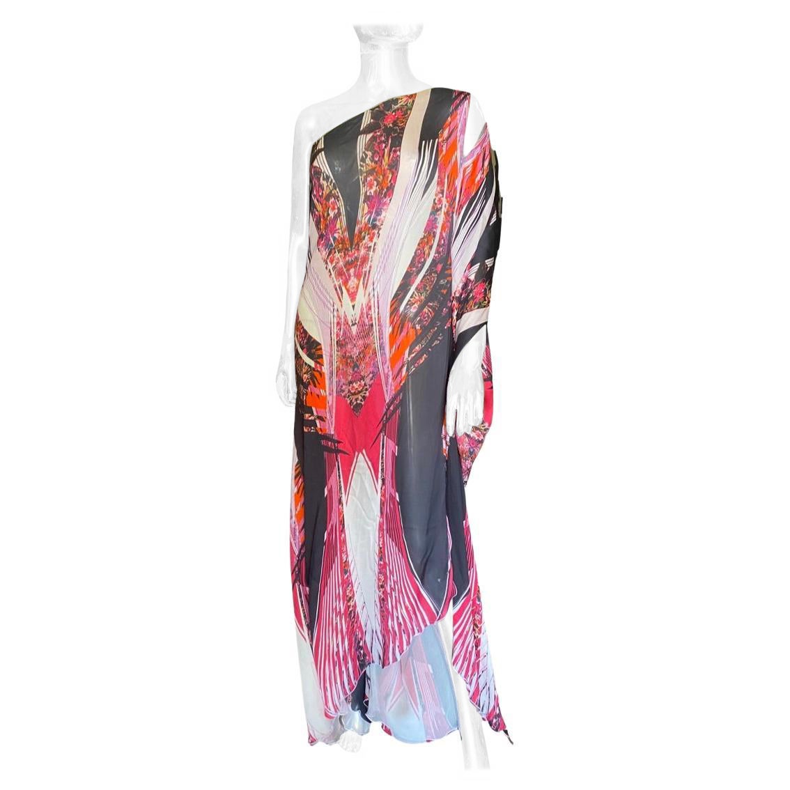 Roberto Cavalli Italy Signature Silk Abstract Print One Shoulder Gown Size 8 For Sale