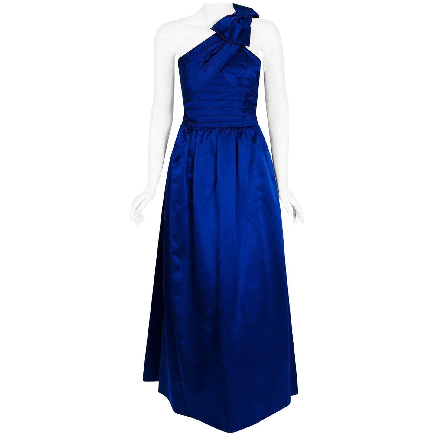 Vintage 1960's Sapphire Blue Satin Asymmetric Pleated One-Shoulder Evening Gown For Sale