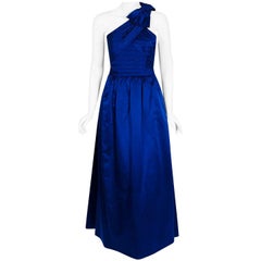 Retro 1960's Sapphire Blue Satin Asymmetric Pleated One-Shoulder Evening Gown