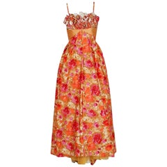 Vintage 1950's Emma Domb Rose-Garden Floral Cotton & Satin Applique Sequin Gown