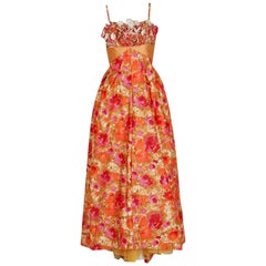 Retro 1950's Emma Domb Rose-Garden Floral Cotton & Satin Applique Sequin Gown