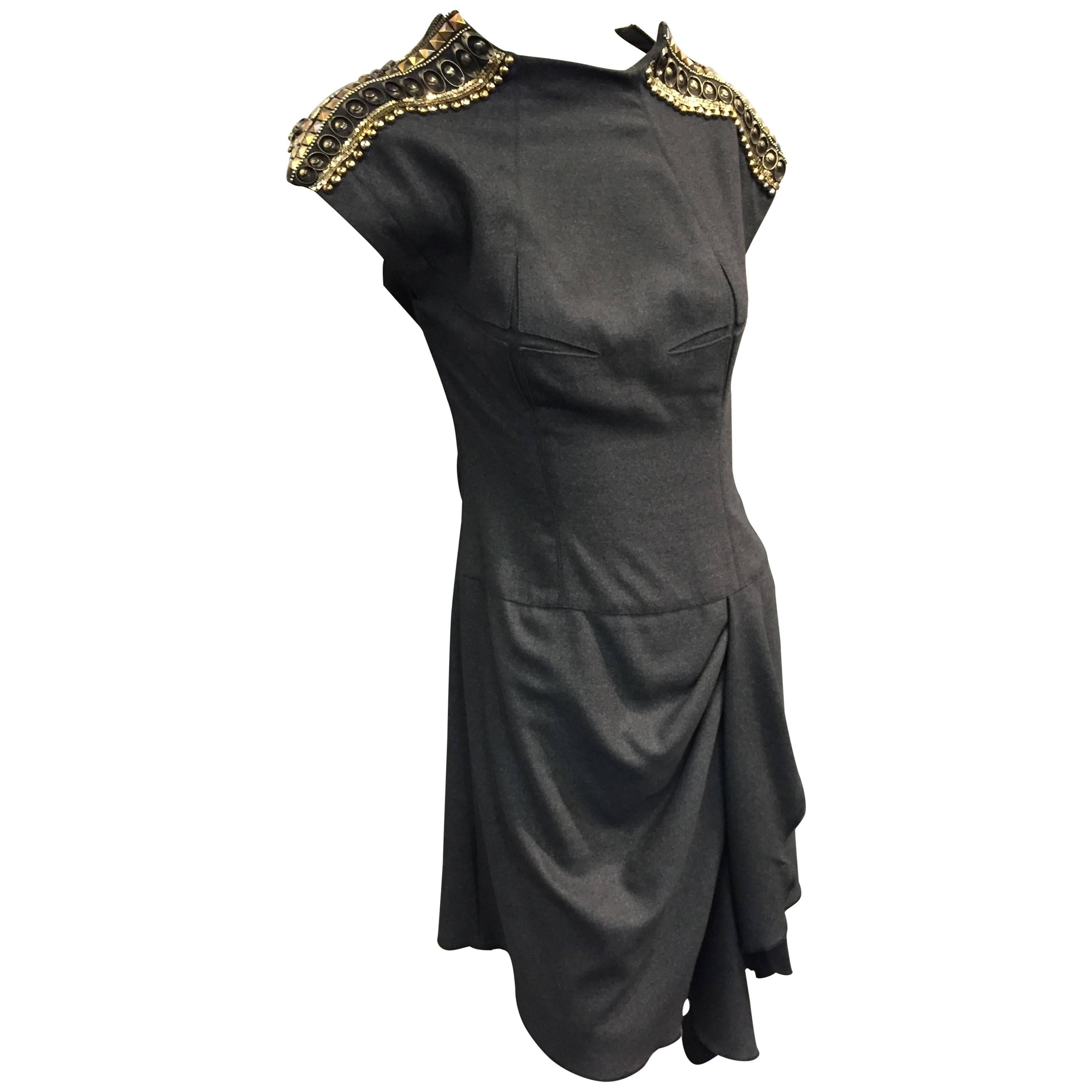 Jean Paul Gaultier Gray Flannel Cocktail Dress w/ Studded Zipper Shoulders  For Sale