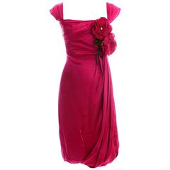 1960s Raspberry Red Silk Vintage Dress With Draping & Roses 