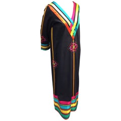 Retro 1970s Josefa Hand-Crafted Cotton Caftan with Rainbow Ribbon Trim and Embroidery