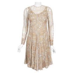 Vintage 1960's Galanos Couture Nude Butterfly Print Sheer Silk Pleated Dress