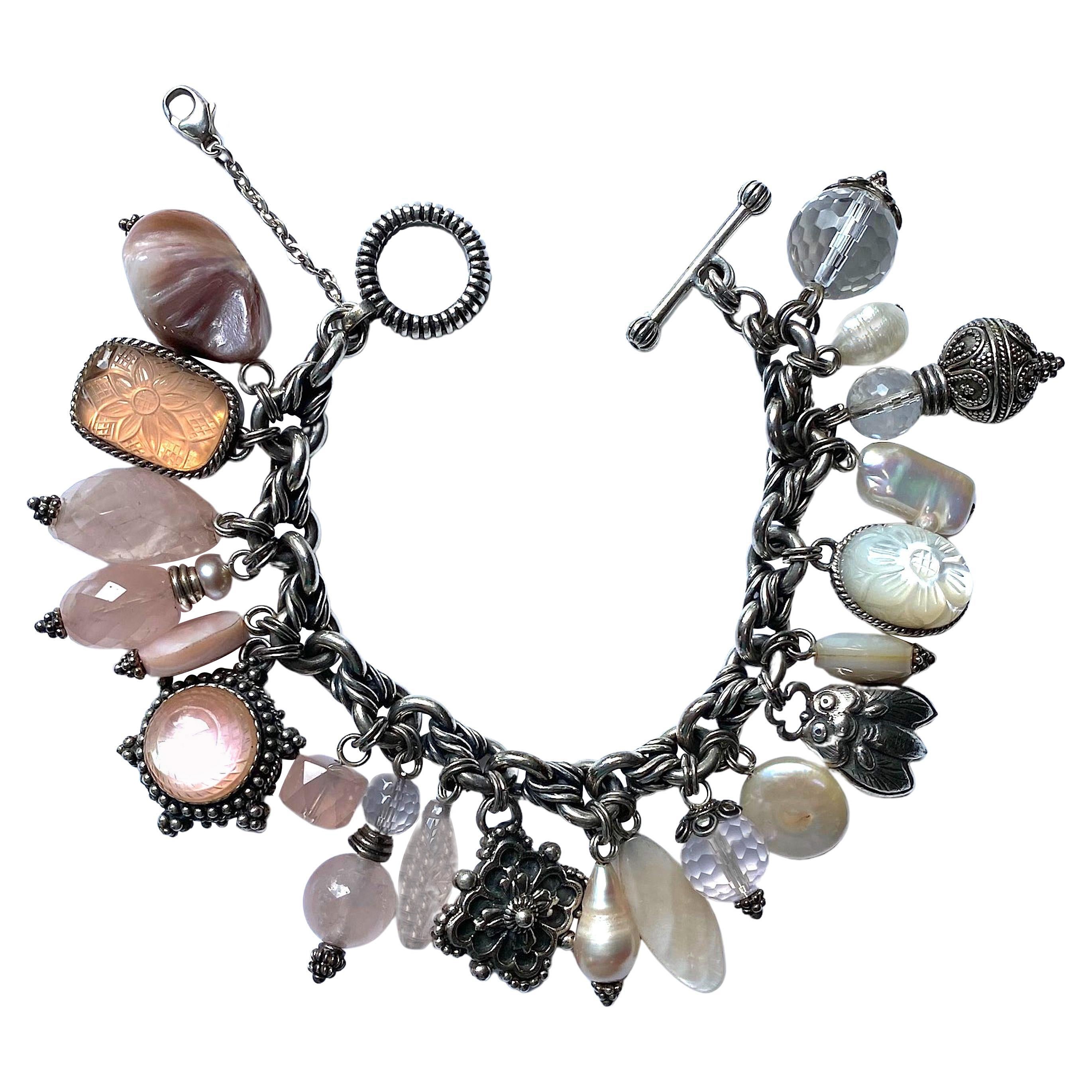 Stephen Dweck Sterling Silver, Rose Quartz & Pearl Charm Bracelet For Sale