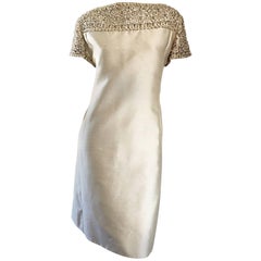 1960s Malcolm Starr Light Green Raw Silk Sequin + Beaded + Crystal A  Line Dress