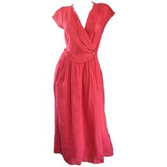 Vintage Basile Red Linen Italian Double Breasted Tuxedo Lapel Midi Wrap Dress 