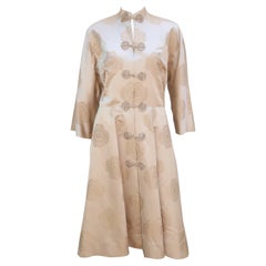 Dynasty Champagne Silk Jacquard Asian Dress Coat Robe, 1950's 