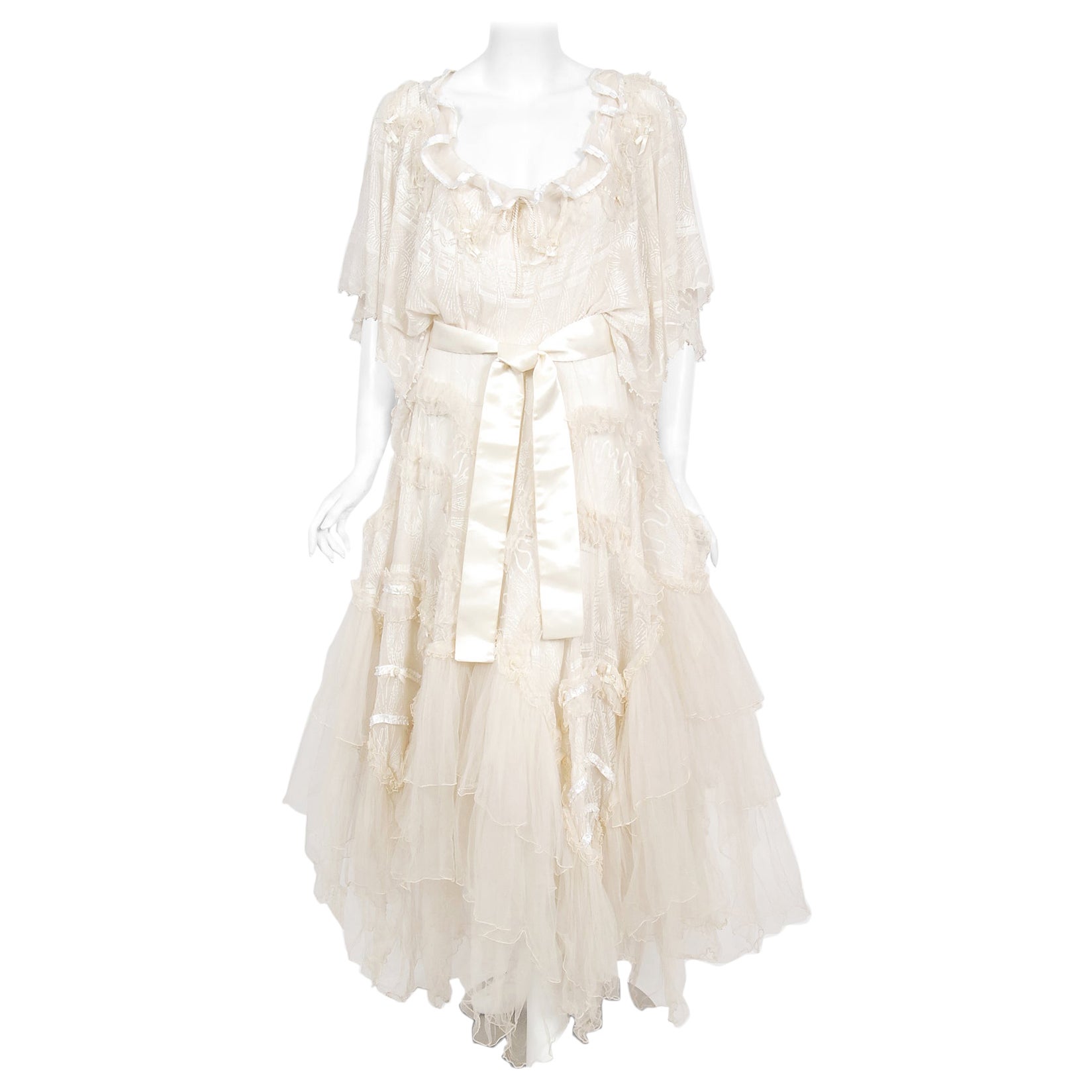 Vintage 1973 Zandra Rhodes Couture Hand Painted Ivory Sheer Chiffon & Tulle Gown