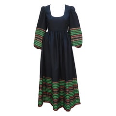 Used Victoria Royal Black Taffeta Striped Beaded Maxi Dress, 1970's