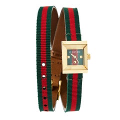 Gucci Gelbvergoldete Edelstahl-Leder-G-Frame 128,5 Damenarmbanduhr 14mm