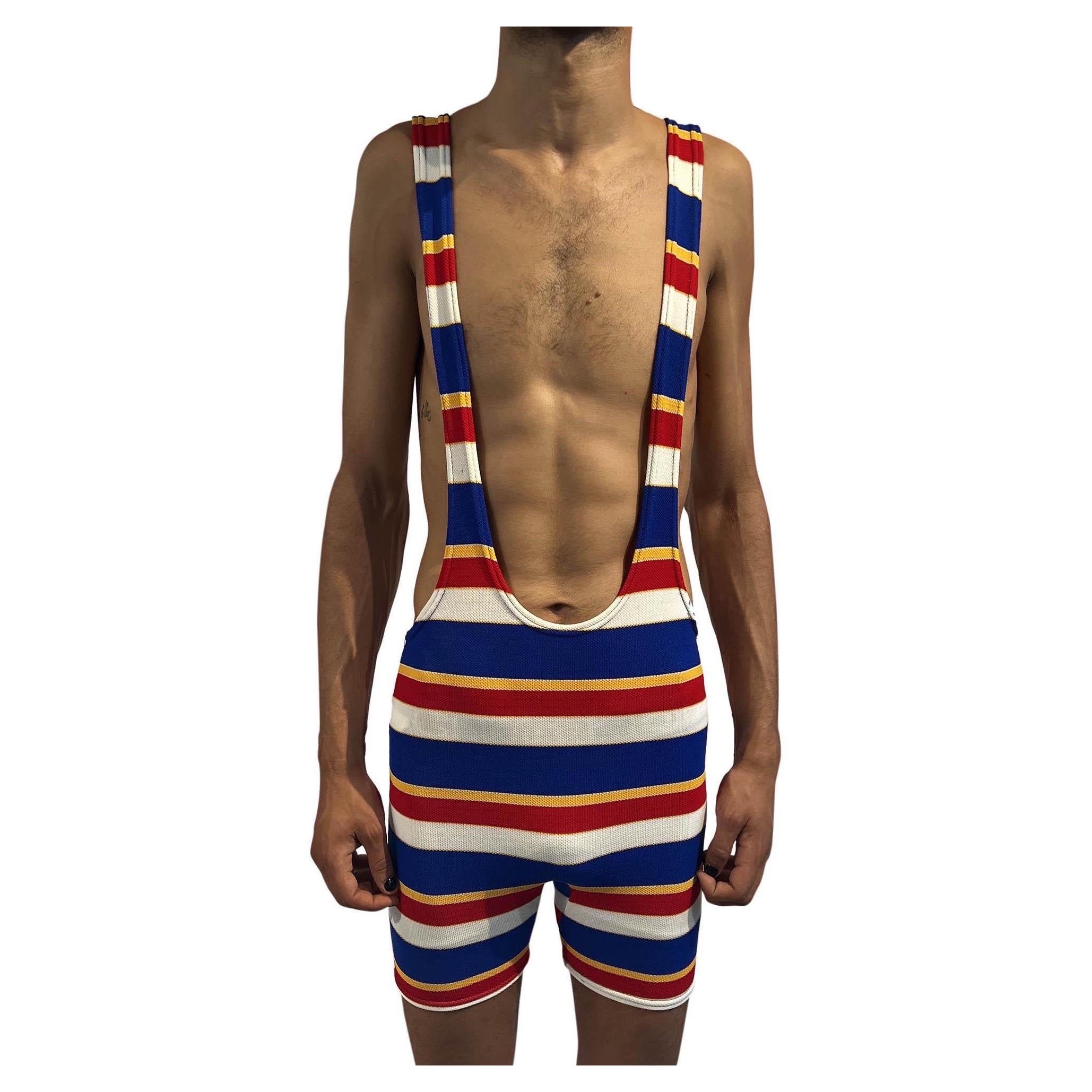 1960S Multicolor Striped Polyester Piqué 1920S Style Swimsuit