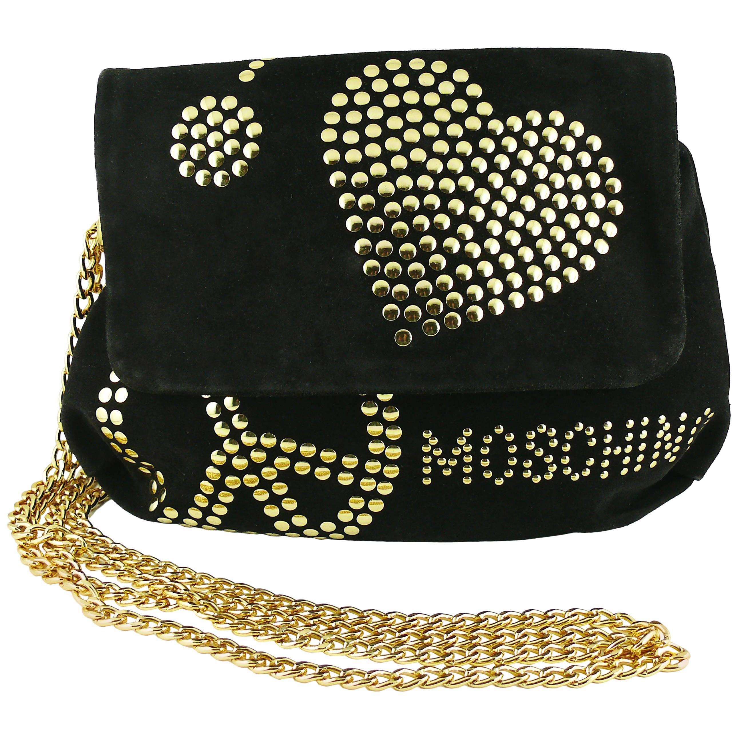 Moschino Vintage Black Suede Studded Clutch For Sale