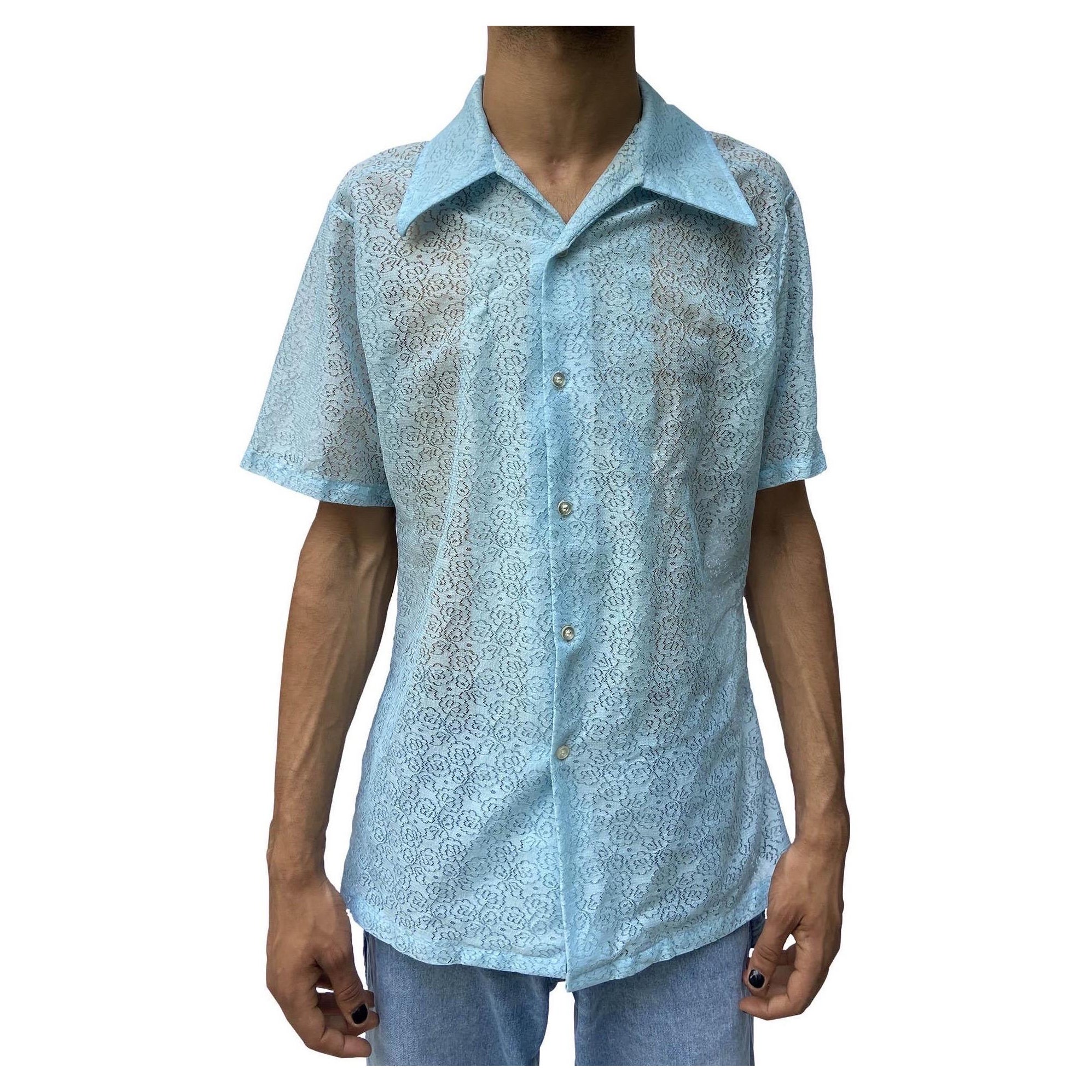1960S Powdered Blue Polyester Lace Men's Short Sleeve Shirt For Sale