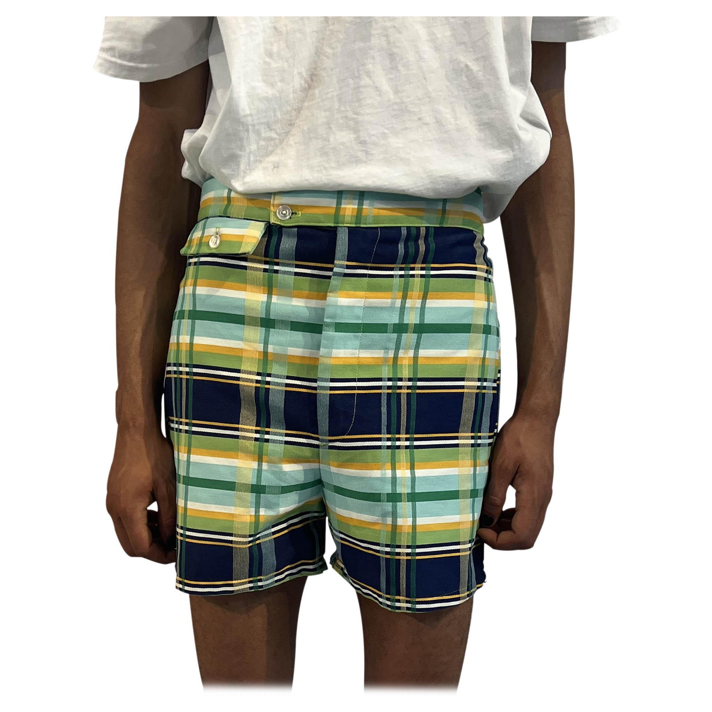 1970S Lime Green & Navy Cotton Blend Plaid Short Shorts Built In Underwear For Sale