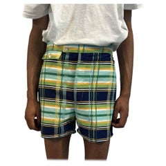 1970S Lime Green & Navy Cotton Blend Plaid Short Shorts Built In Unterwäsche