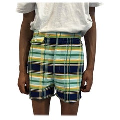 1970S Lime Green & Navy Cotton Blend Plaid Short Shorts Built In Underwear