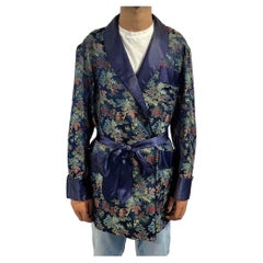 Vintage 1950S Navy Embroidered Silk Smoking Jacket