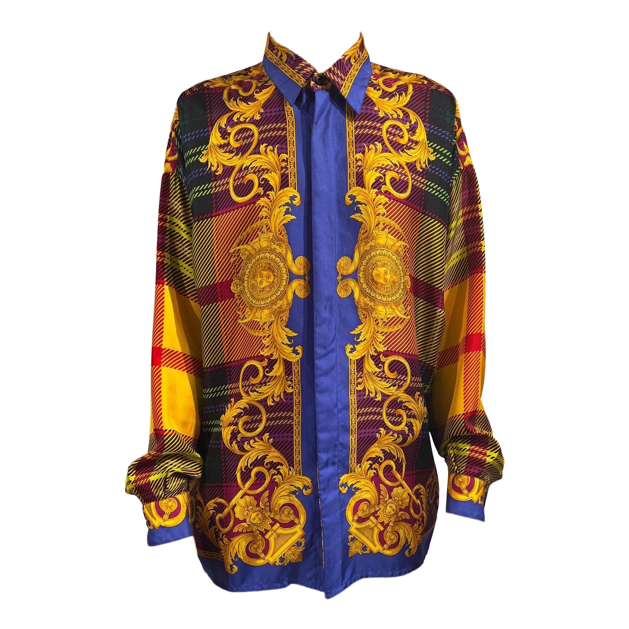 1990S Gianni Versace Multicolor Plaid Silk Shirt Medusa Heads For Sale