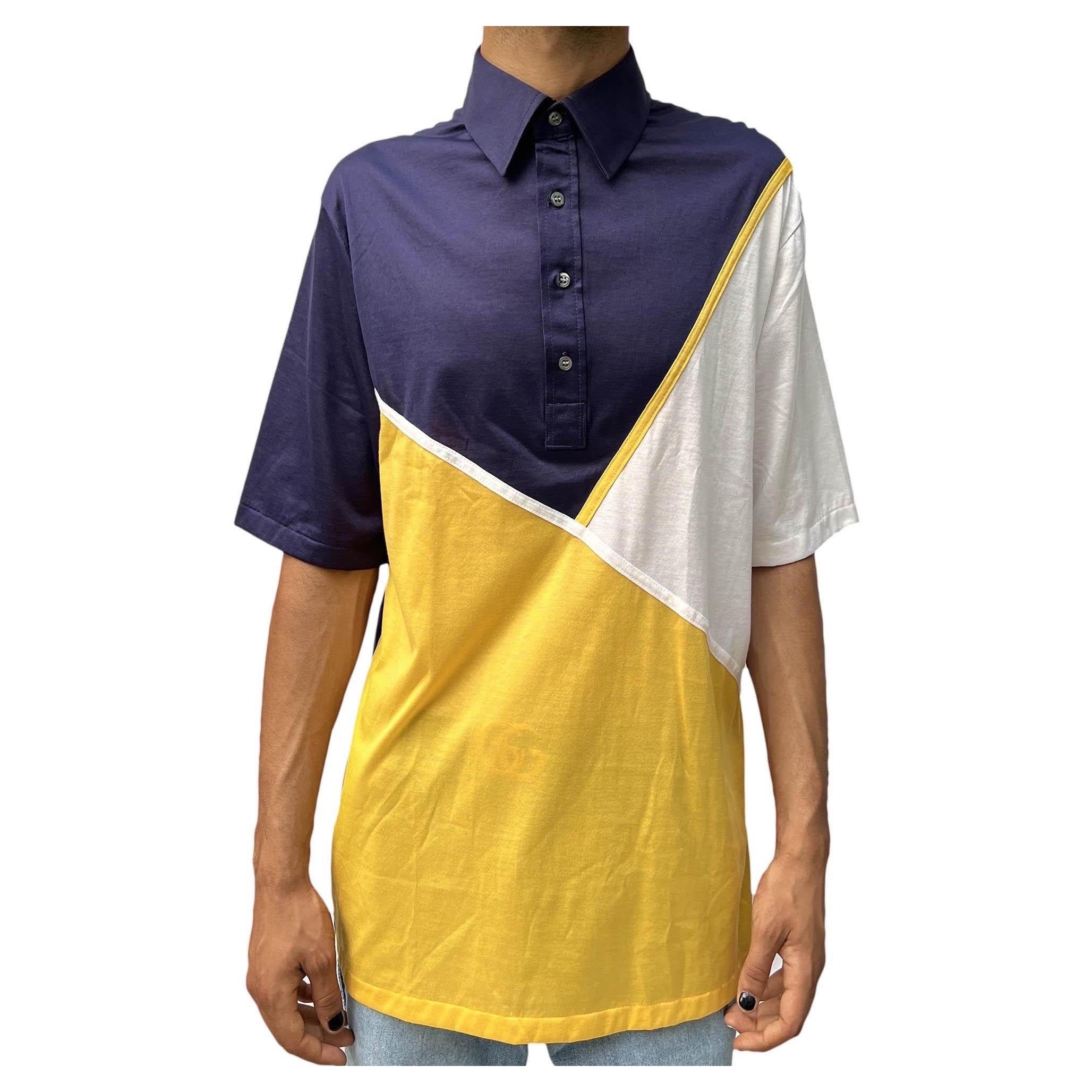 1980S Navy & Yellow Fine Swiss Cotton Men's Polo Shirt For Sale