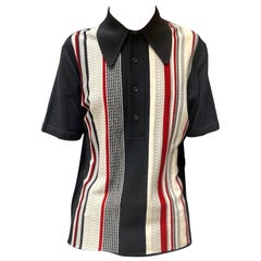 1960S Black & Grey Striped Poly Blend Knit Men's Rat Pack Polo Shirt