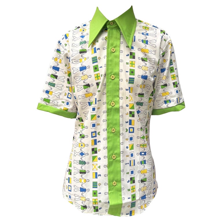 70s Green Geometric Print Shirt L