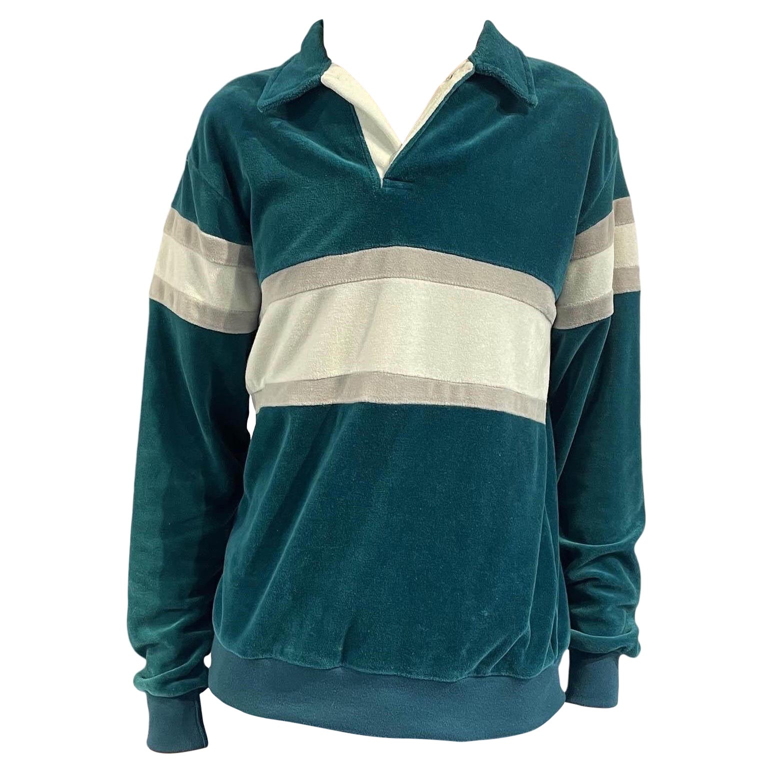 1980S Teal & White Stripe Poly/Cotton Velvet Pull Over Sweatshirt