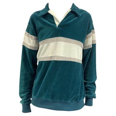 Vintage 1980S Teal & White Stripe Poly/Cotton Velvet Pull Over Sweatshirt