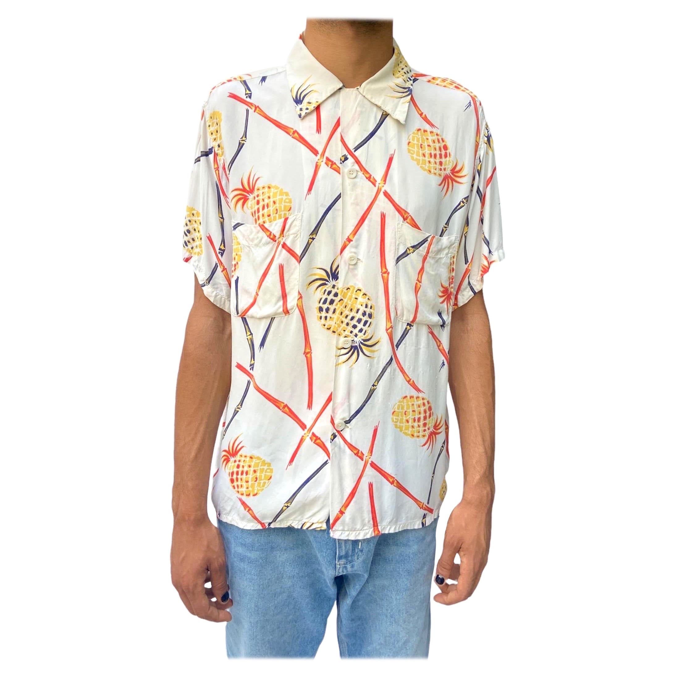 1940S Campus Off White Tropical Rayon & Silk Bamboo Pineapple Hawaiian Shirt For Sale