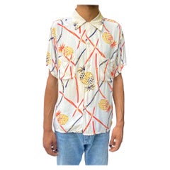 1940S Campus Off White Tropical Rayon & Silk Bamboo Pineapple Hawaiian Shirt