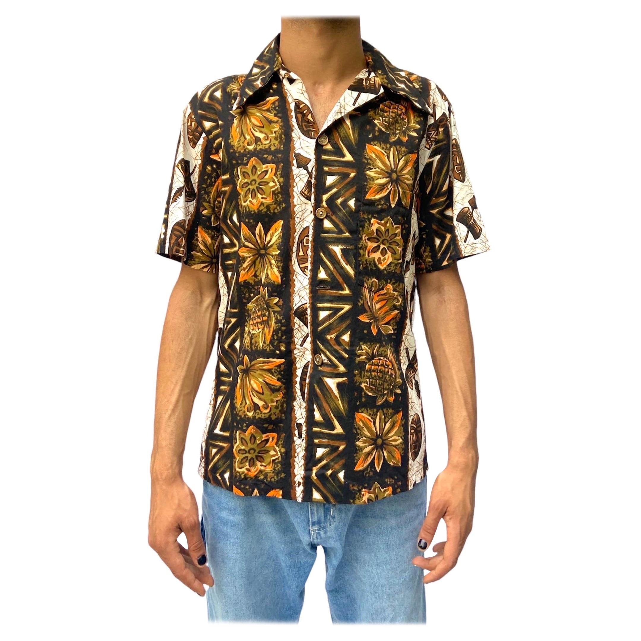 1950 Ui-Maikai Brown Tiki Tropical Cotton Hawaiian  Shirt For Sale